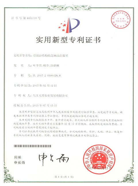 實用新型專利(帶濾沙結構的芝麻清洗裝置)